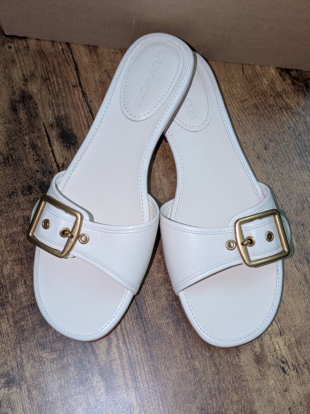 COACH Margot White Leather Slide Sandals with Gold Buckle